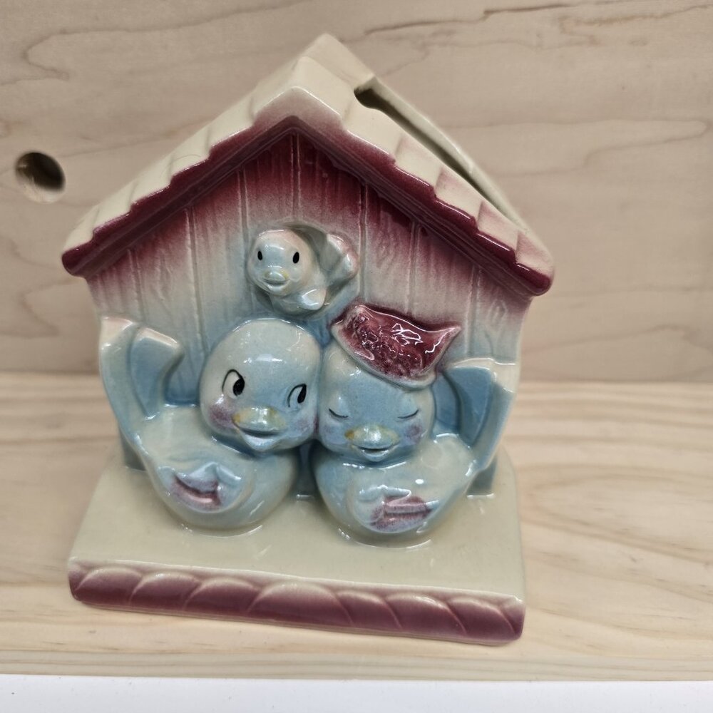 VINTAGE USA Shawnee Pottery Lovebirds Blue Birds Wall Pocket Planter Vase 6"×5"